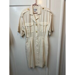 Vintage Nordstrom Silk Safari Dress Cream‎ Gold Crest Button Epaulette Size 12